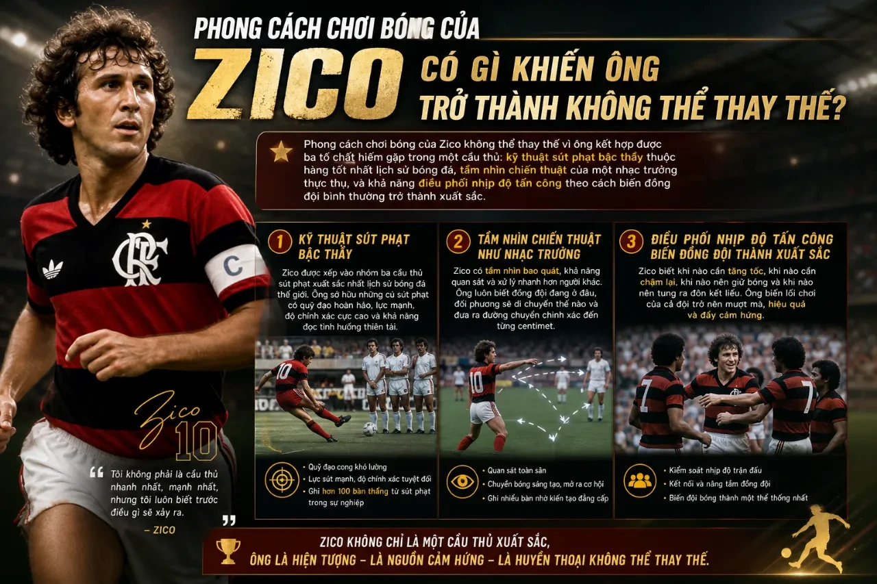Hình ảnh tiền vệ Zico thi đấu cống hiến trên sân cỏ trong màu áo đỏ đen của Flamengo