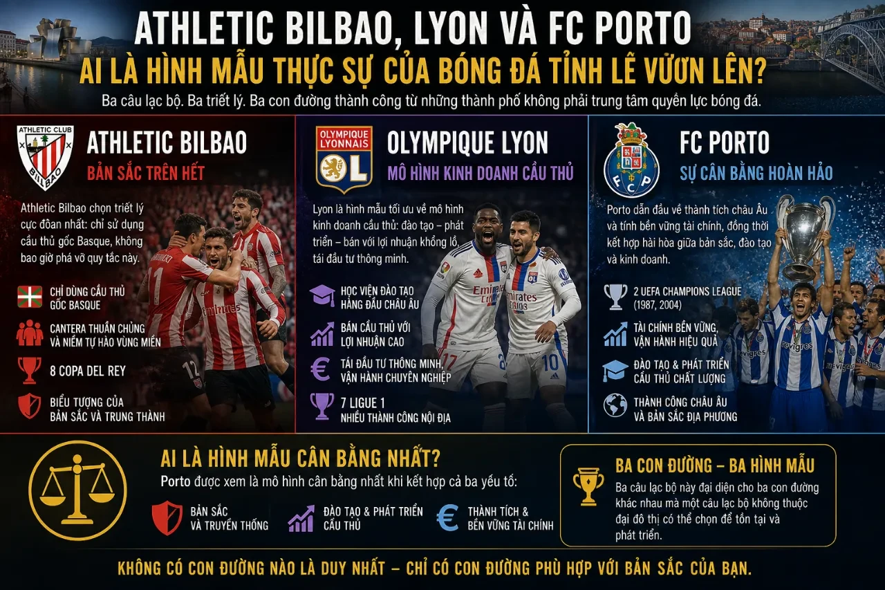Hình ảnh biểu tượng ba câu lạc bộ Athletic Bilbao, Lyon và FC Porto trong cuộc đua vươn lên từ tỉnh lẻ