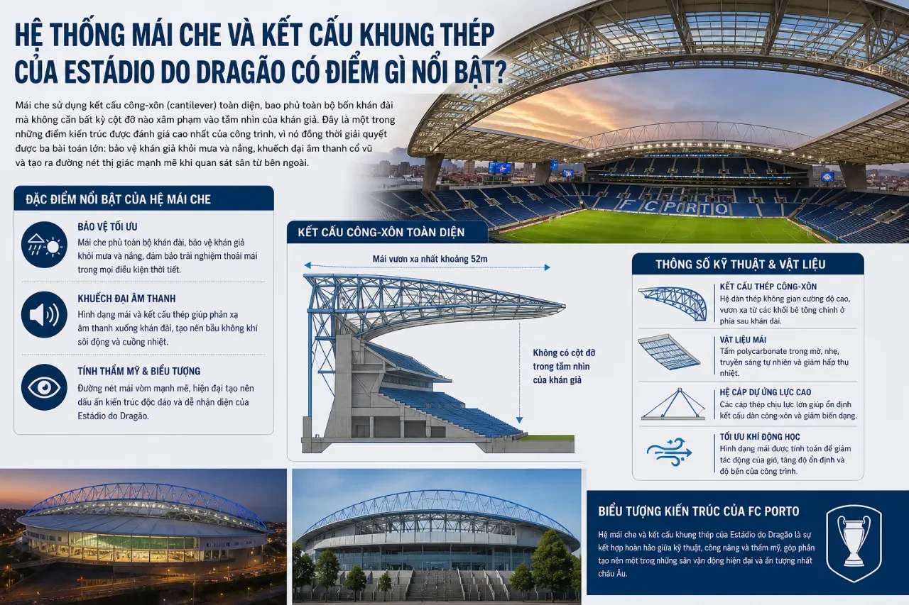 Mái che vòm thép ấn tượng vươn rộng của sân vận động Estádio do Dragão