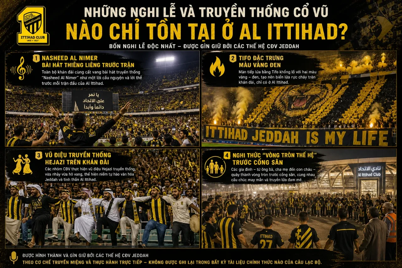 Toàn cảnh màn xếp hình cổ vũ sắc vàng đen huyền ảo trên khán đài sân nhà Al Ittihad