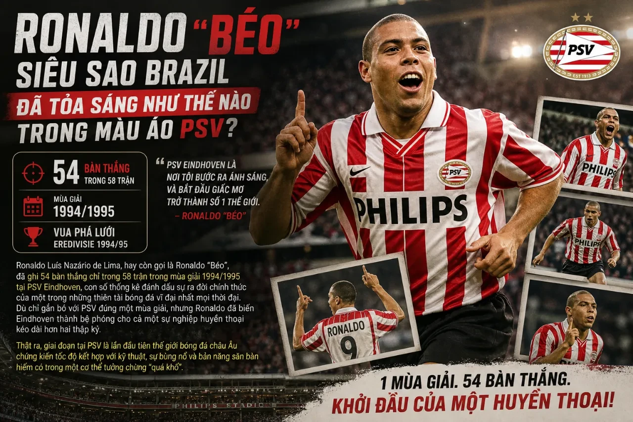 Siêu sao Ronaldo Béo tung cú dứt điểm hiểm hóc trong màu áo câu lạc bộ PSV Eindhoven