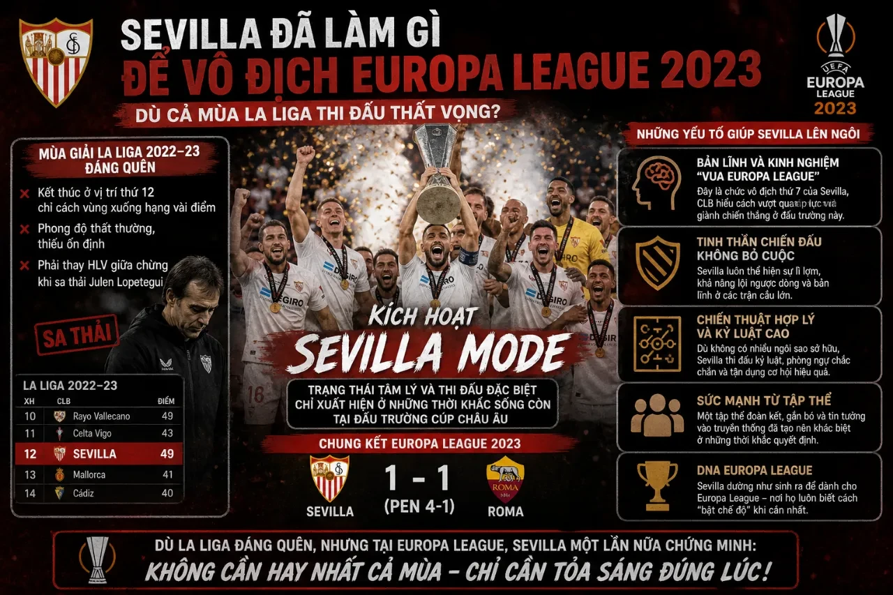 Các cầu thủ Sevilla FC vỡ òa niềm vui trong lễ trao cúp vô địch Europa League 2023