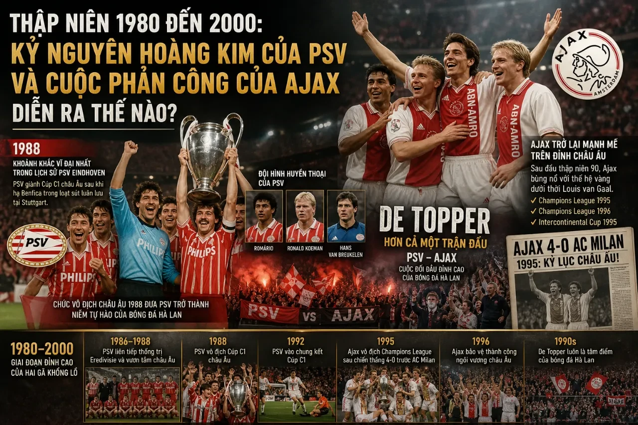 Khán đài rực rỡ cờ hoa trong trận đụng độ De Topper kịch tính giữa PSV và Ajax