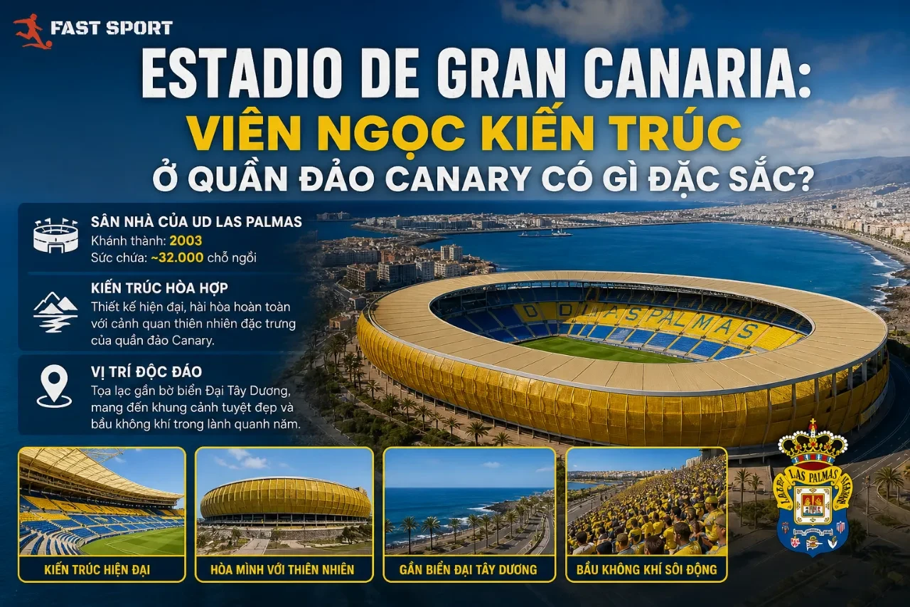 Hình ảnh toàn cảnh sân vận động Gran Canaria tọa lạc tráng lệ bên bờ đại dương