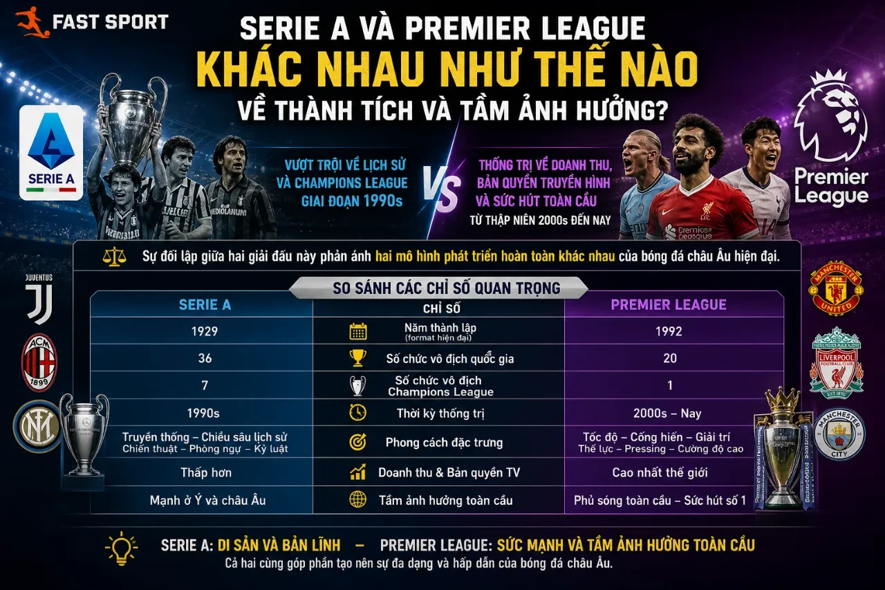 Hình ảnh so sánh sân vận động và bầu không khí cổ vũ giữa giải đấu Serie A nước Ý và giải Ngoại hạng Anh