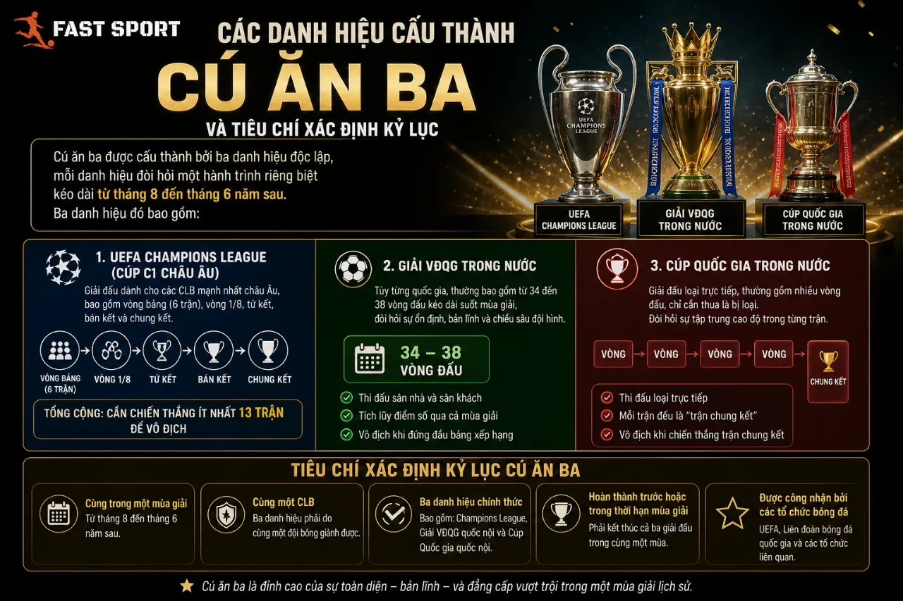 Bức ảnh chụp ba chiếc cúp vô địch danh giá đại diện cho cú ăn ba lục địa của một câu lạc bộ bóng đá