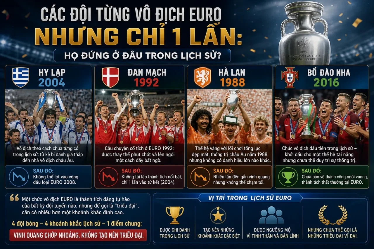 Các Đội Từng Vô Địch EURO Nhưng Chỉ 1 Lần: Họ Đứng Ở Đâu Trong Lịch Sử?