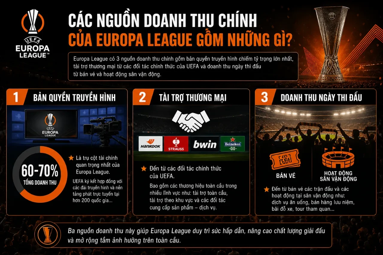 Biểu đồ phân tích cấu trúc ba nguồn doanh thu cốt lõi của giải đấu Europa League