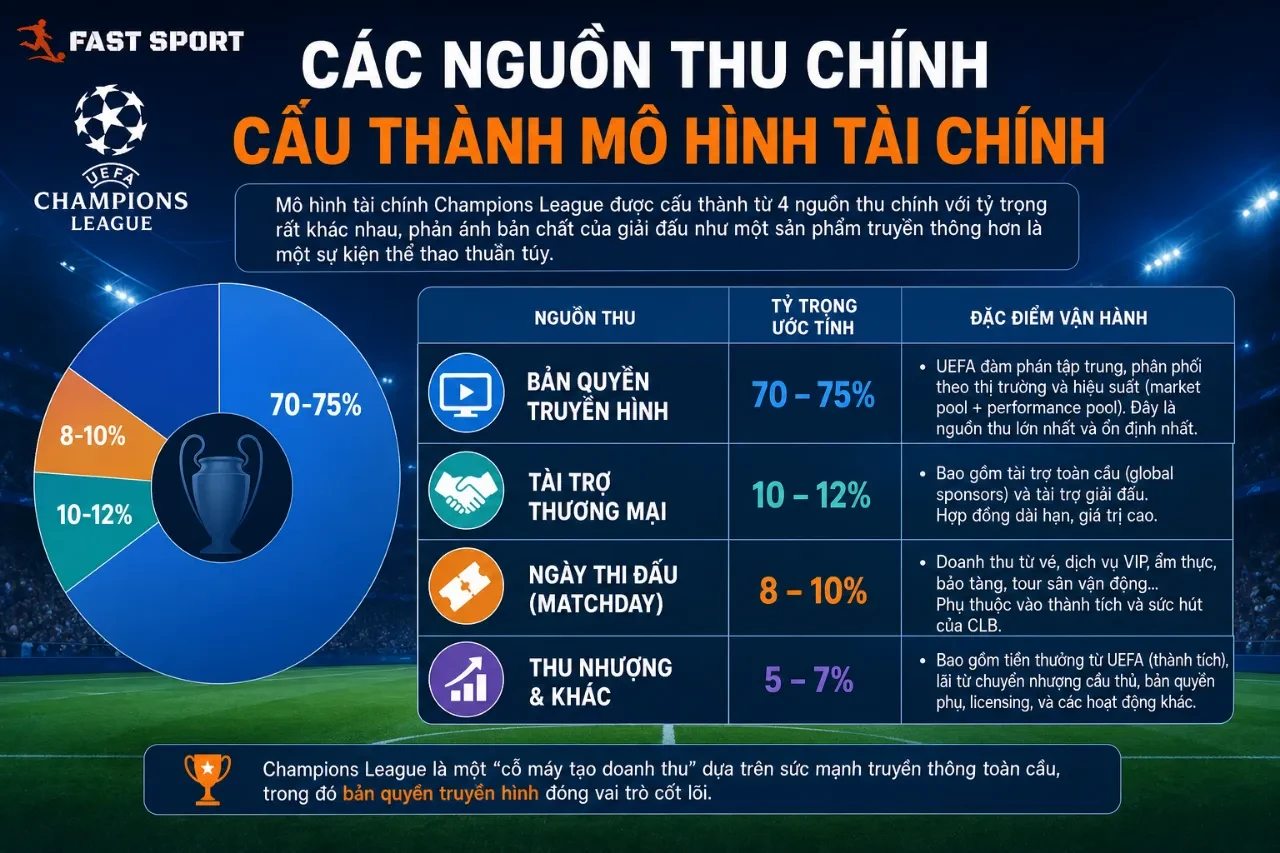 Biểu đồ phân tích tỷ trọng các nguồn thu nhập cốt lõi cấu thành giải đấu