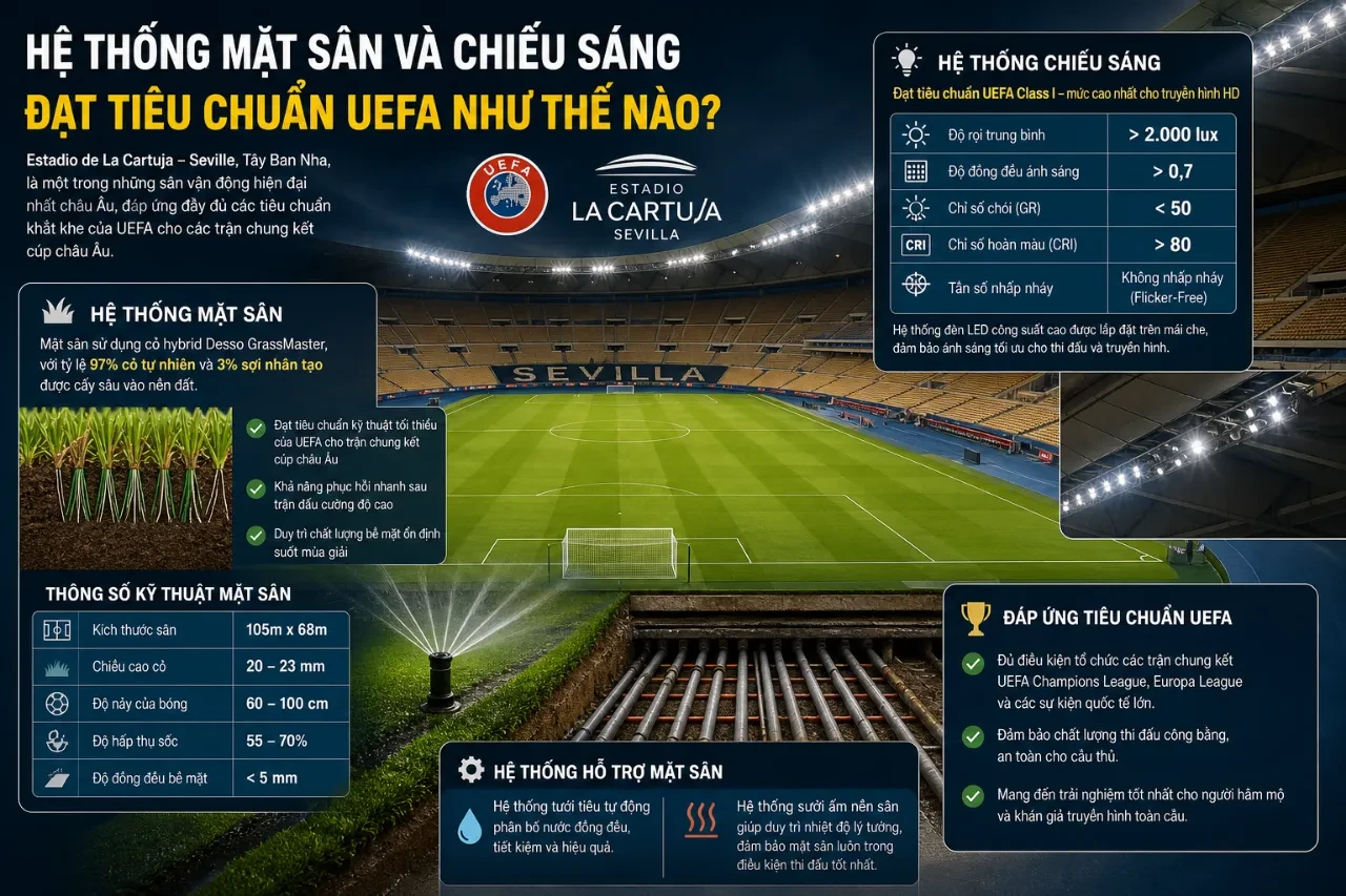 Hệ thống mặt cỏ lai đạt chuẩn UEFA kết hợp dàn đèn LED công suất lớn chạy dọc vòng mái che
