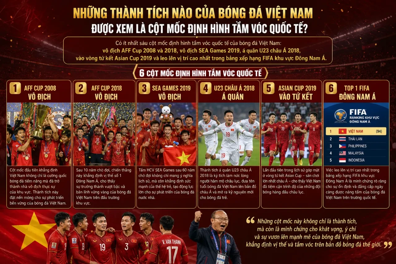 Bản đồ tổng quan các mốc thời gian vinh quang của bóng đá Việt Nam trên trường quốc tế