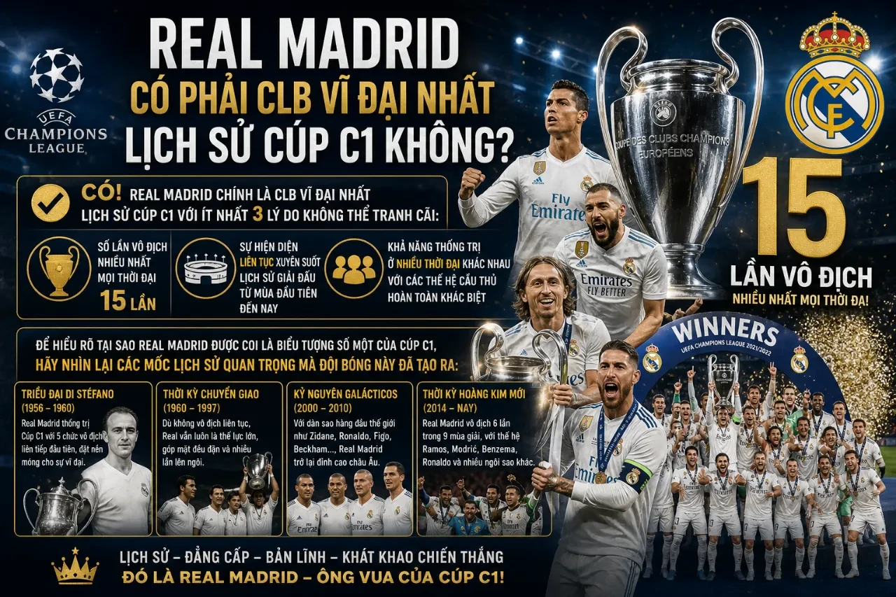 Biểu tượng chiếc cúp tai voi Champions League vĩ đại trong phòng truyền thống danh giá của câu lạc bộ Real Madrid