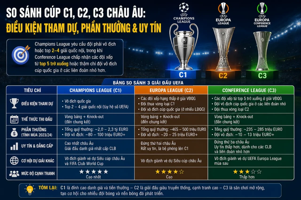Bảng đồ họa so sánh cấu trúc và phân cấp phần thưởng giữa ba giải đấu cúp châu Âu