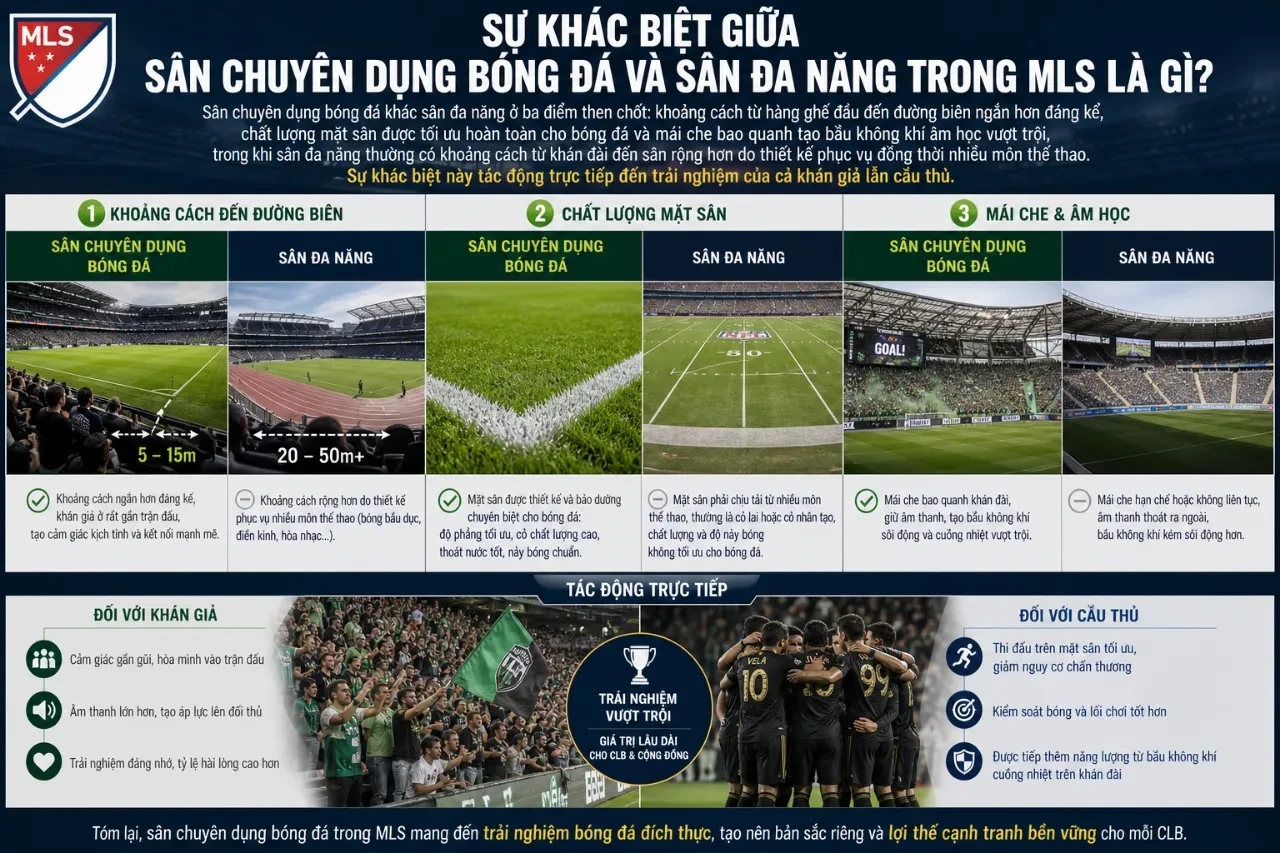 Cận cảnh khoảng cách từ hàng ghế khán giả đến đường biên tại một sân bóng đá chuyên dụng MLS