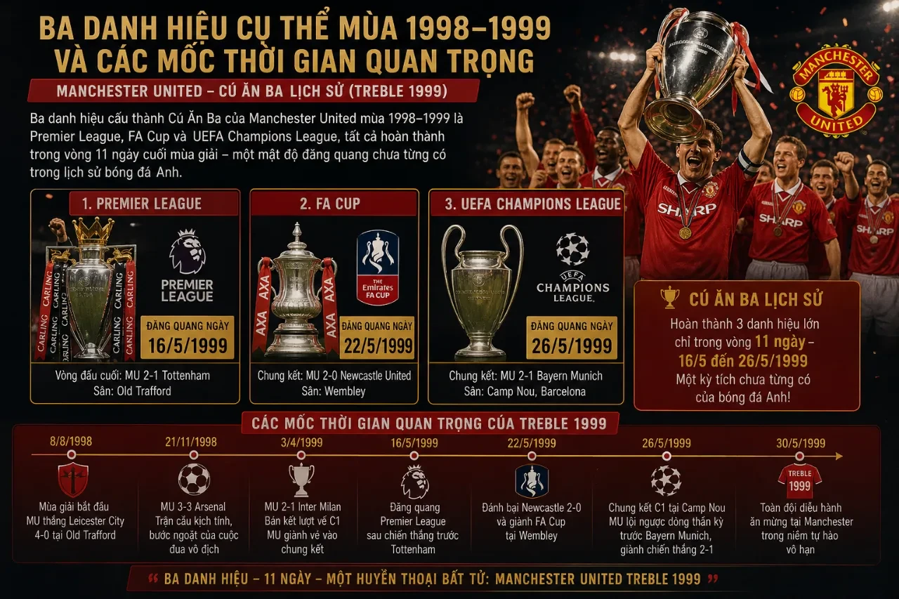 Bộ ba chiếc cúp vô địch Ngoại hạng Anh, cúp FA và cúp Champions League danh giá của Manchester United năm 1999