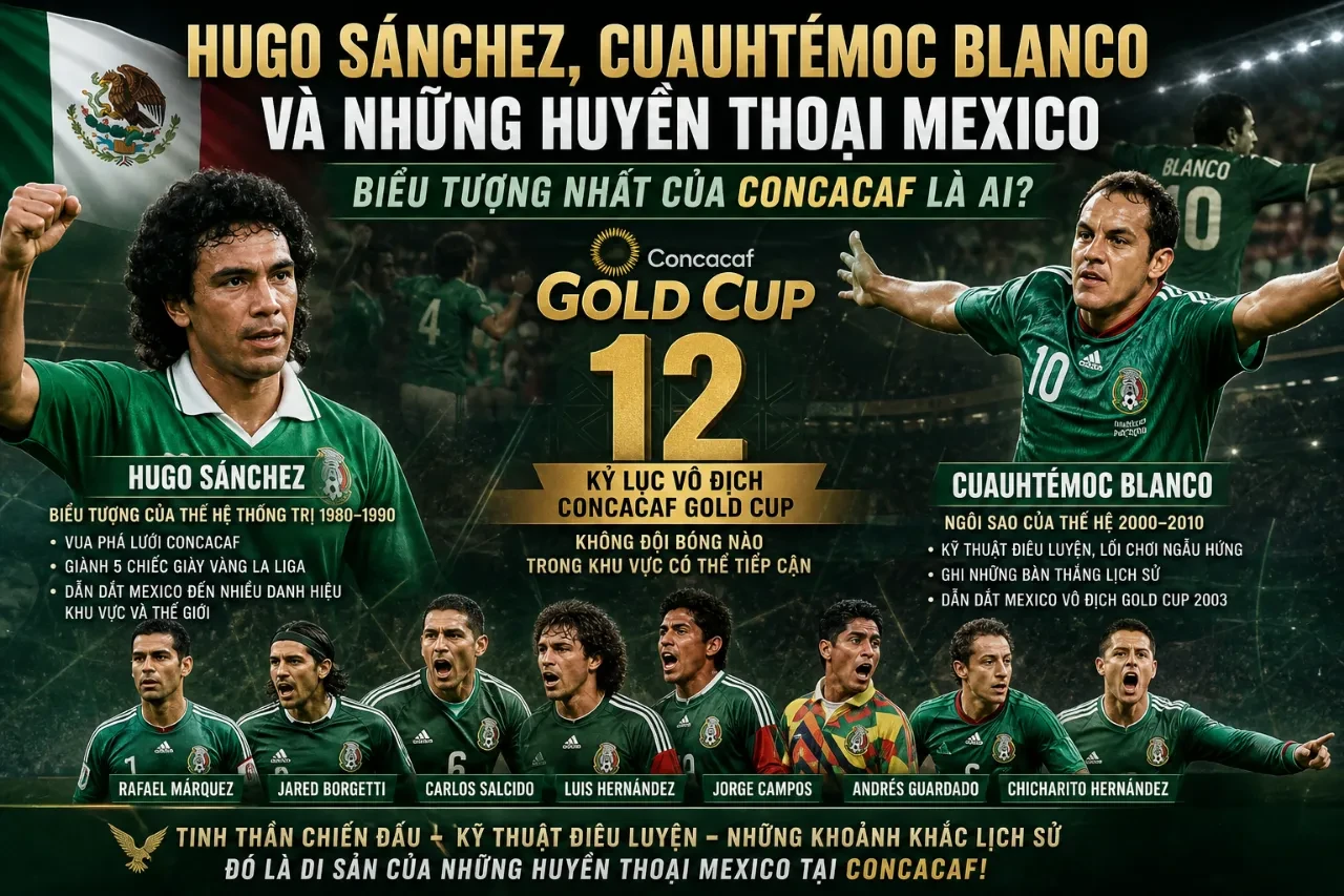 Chân dung cựu tiền đạo Hugo Sanchez trong màu áo tuyển Mexico bên cạnh tiền vệ tài hoa Cuauhtemoc Blanco tại giải đấu vô địch Bắc Mỹ