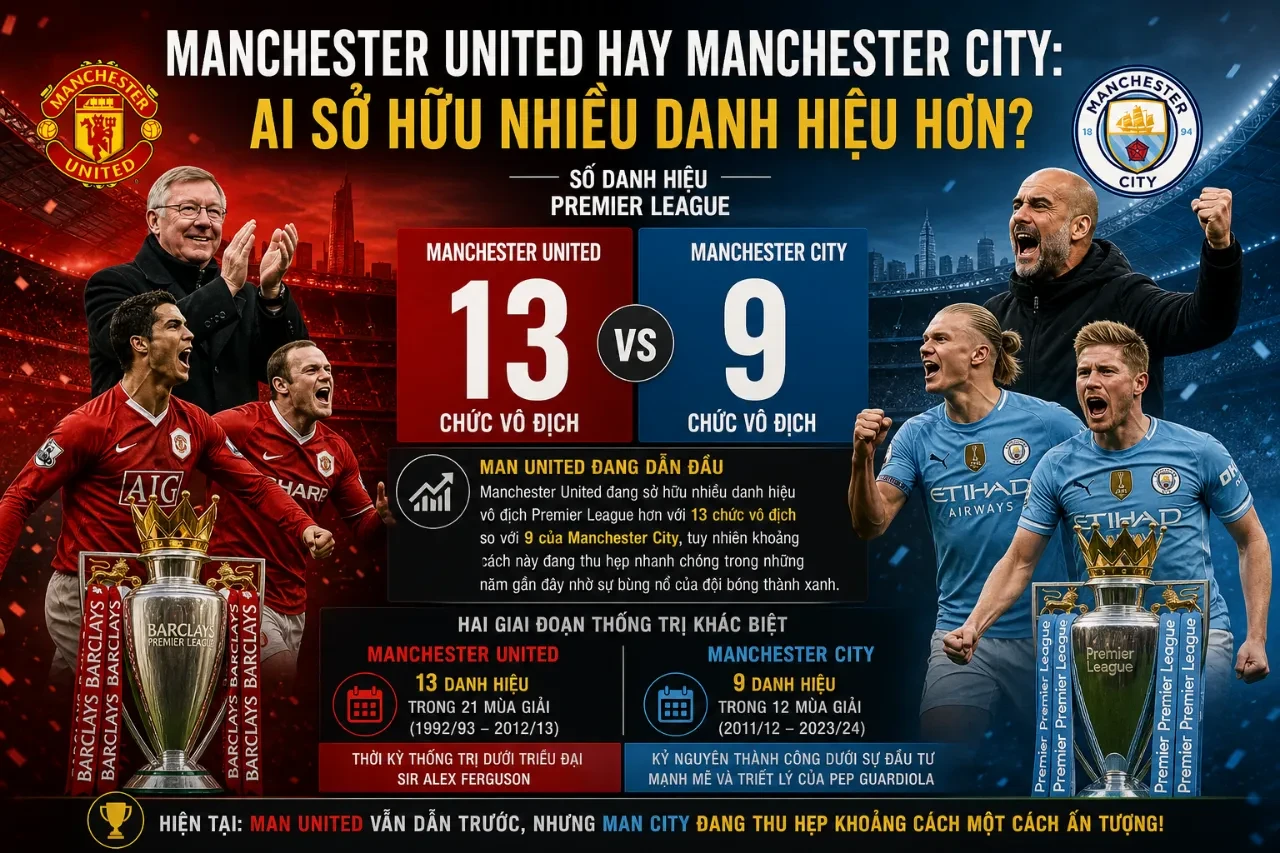 Bảng so sánh số lượng danh hiệu Ngoại Hạng Anh giữa Manchester United và Manchester City