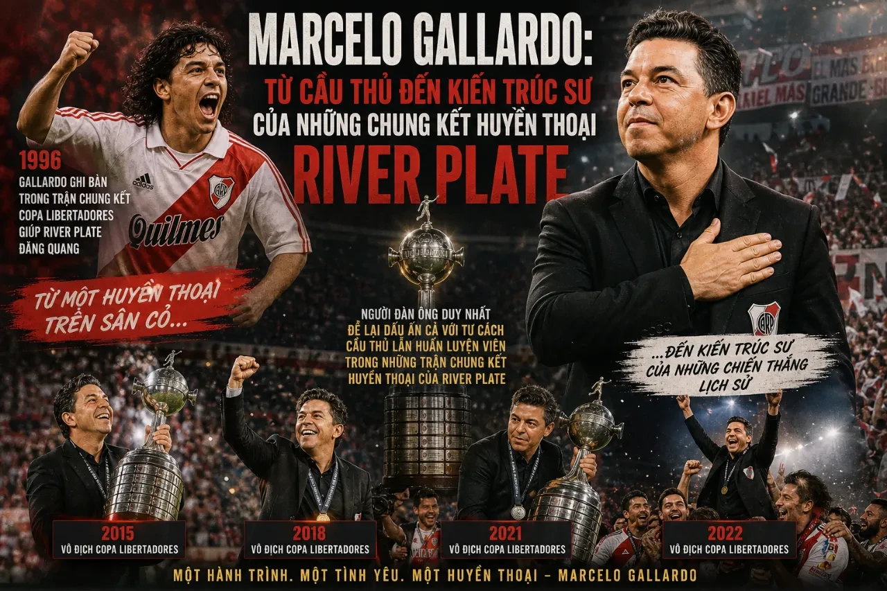 Huấn luyện viên Marcelo Gallardo chỉ đạo chiến thuật cho các cầu thủ River Plate tại chung kết Copa Libertadores