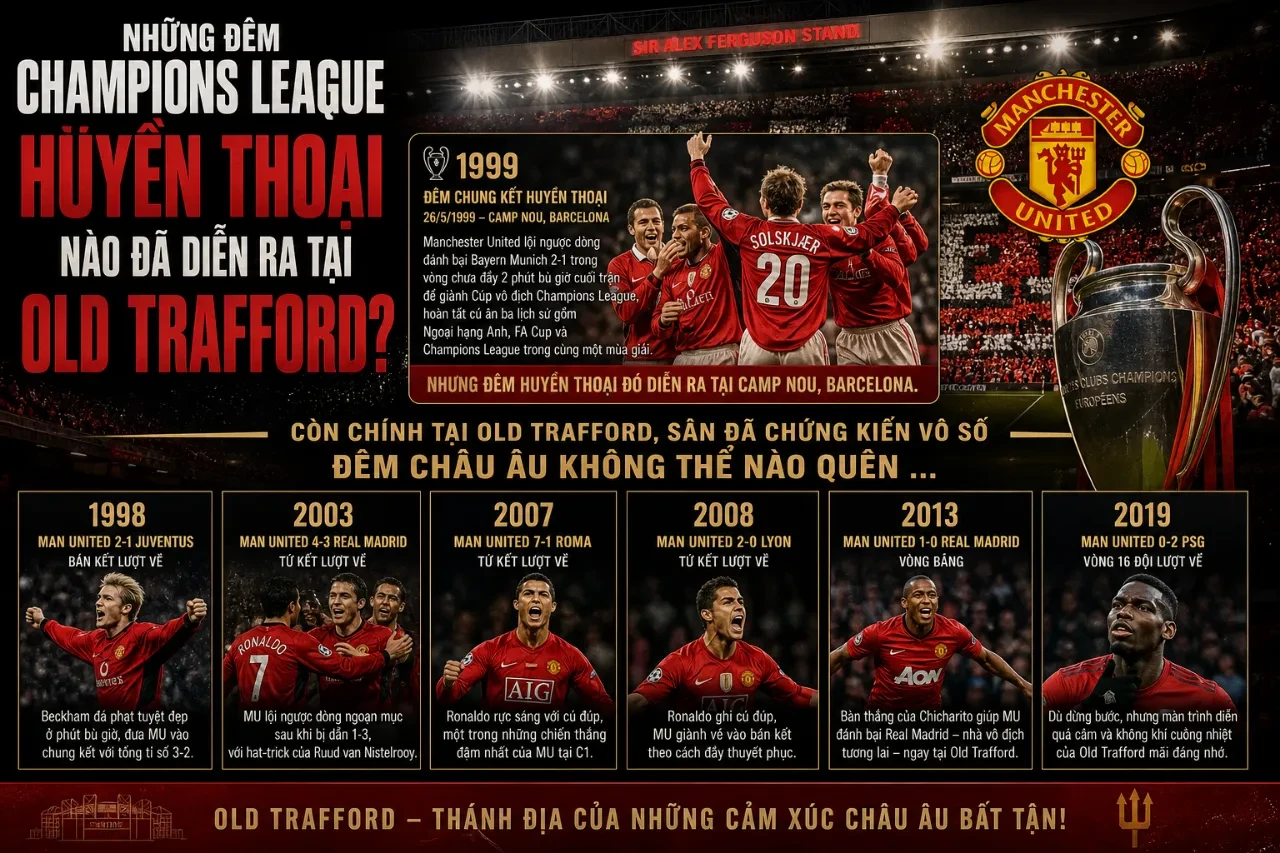 Hệ thống đèn pha rực sáng chiếu rọi xuống mặt cỏ xanh trong một đêm thi đấu Champions League tại Old Trafford