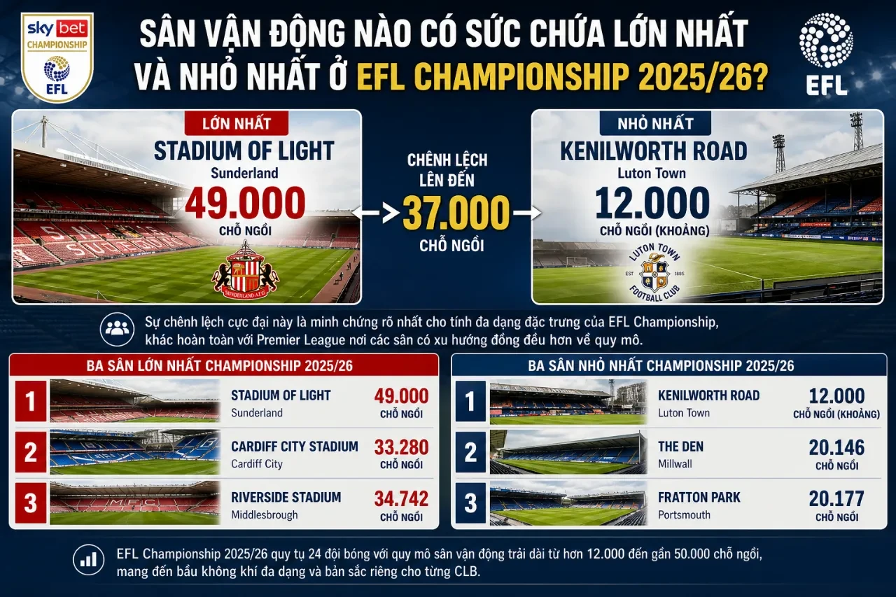 Góc nhìn toàn cảnh từ trên cao của sân vận động có sức chứa lớn nhất giải đấu hạng nhất Anh