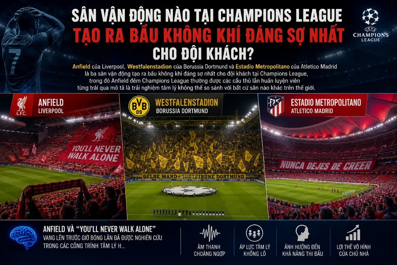 Khán đài rực rỡ sắc màu cổ động và biểu ngữ khổng lồ từ người hâm mộ trên sân vận động
