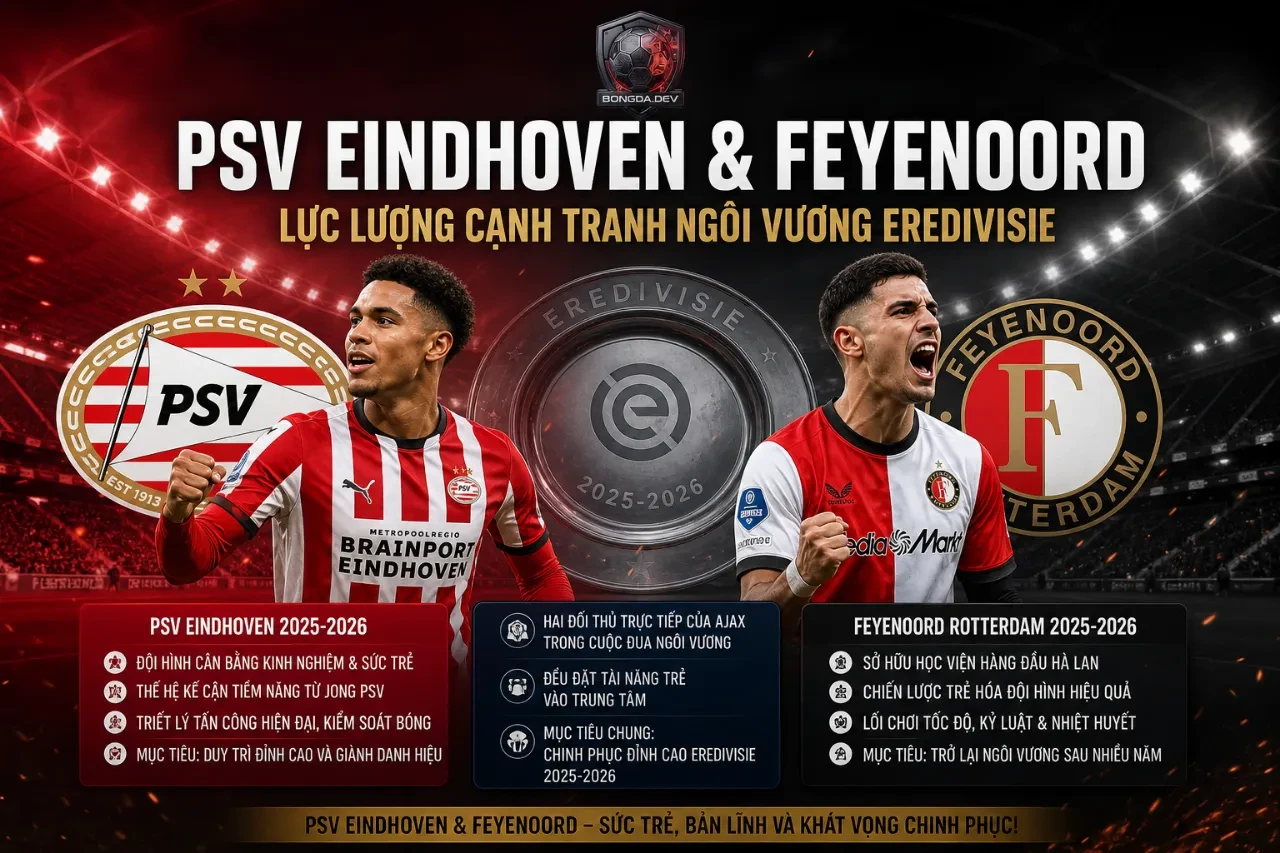 Cầu thủ PSV Eindhoven tranh chấp bóng quyết liệt với tiền đạo Feyenoord trên sân cỏ Hà Lan