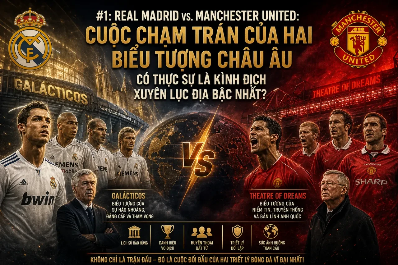 Các cầu thủ Real Madrid và Manchester United tranh chấp quyết liệt trong một trận cầu đỉnh cao