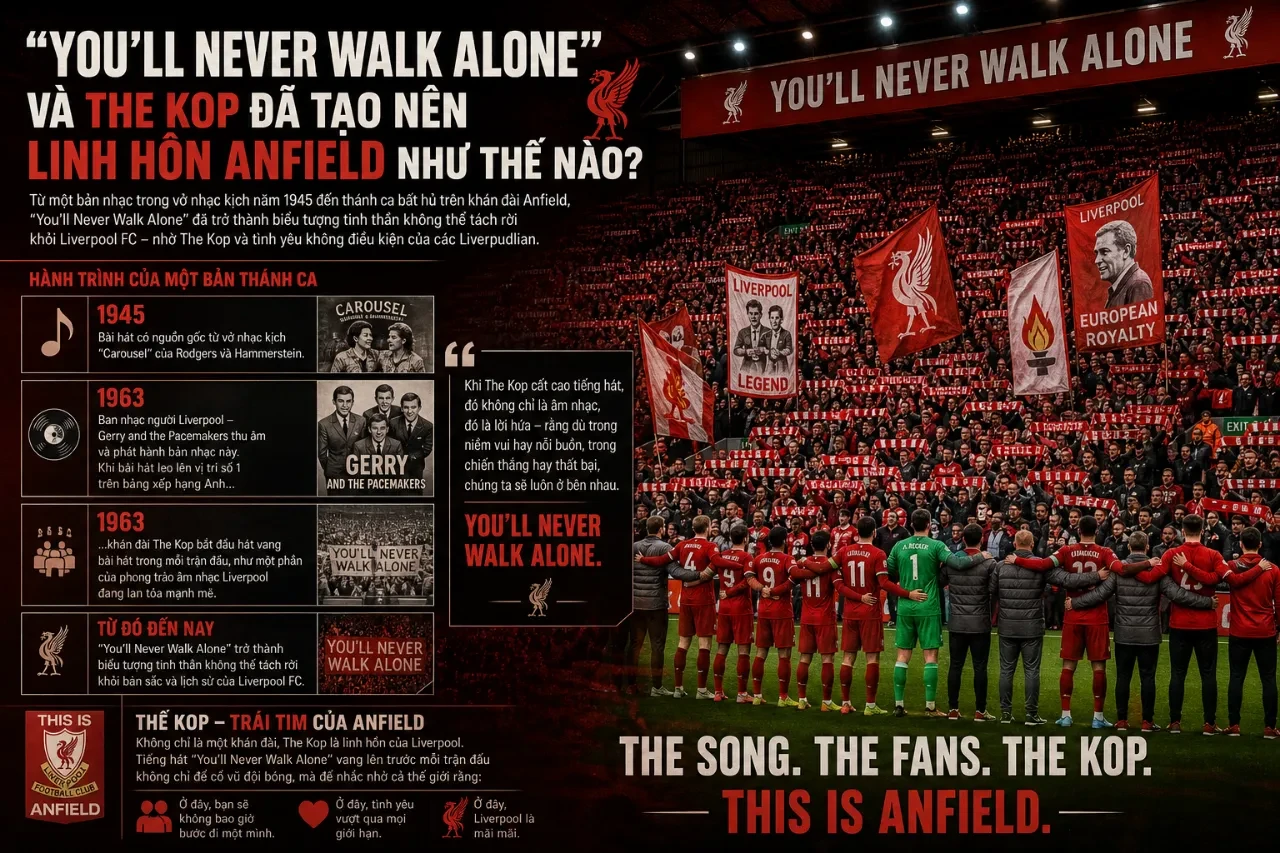 Khán đài The Kop rực lửa sắc đỏ và vang vọng bài ca truyền thống You'll Never Walk Alone tại Anfield